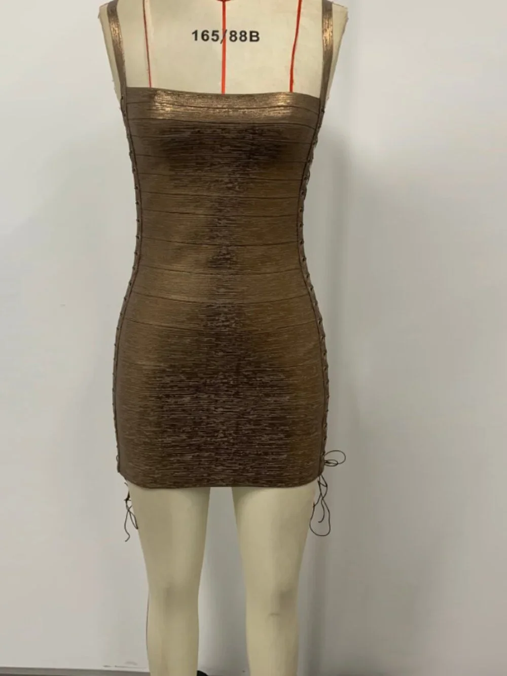 Gold Metallic Lace Up Side Cutout Spaghetti Strap Bandage Mini Dress